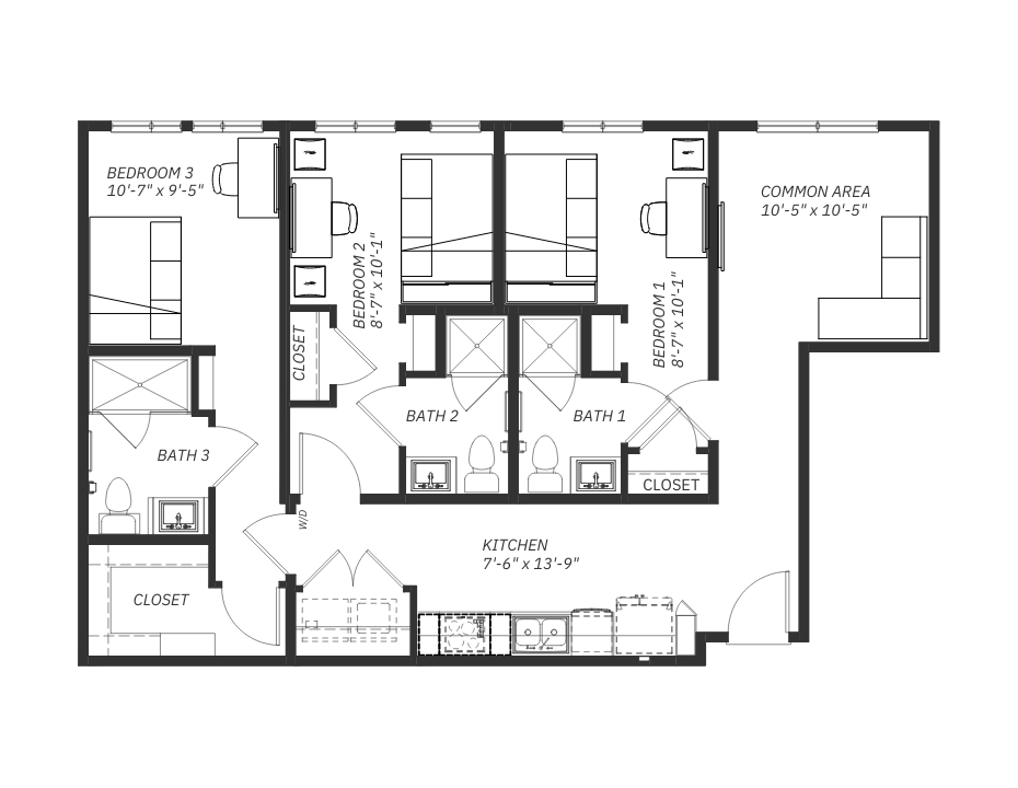 C1 3 Bed 3 Bath 1,028 SQFT